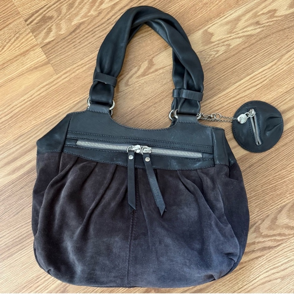 Via Repubblica Suede and Lambskin Leather Charcoal Grey and Brown Shoulder Bag